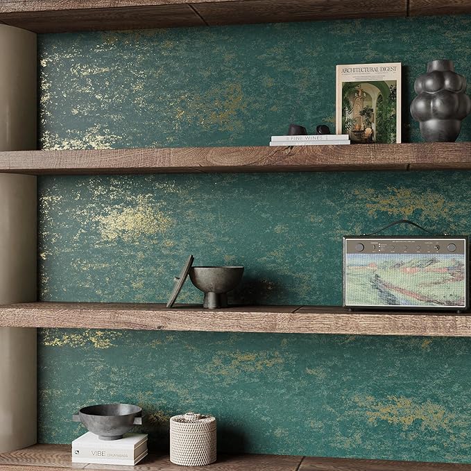 VEELIKE Distressed Teal Gold Metallic Wallpaper Peel and Stick Plaster Concrete - Image 5