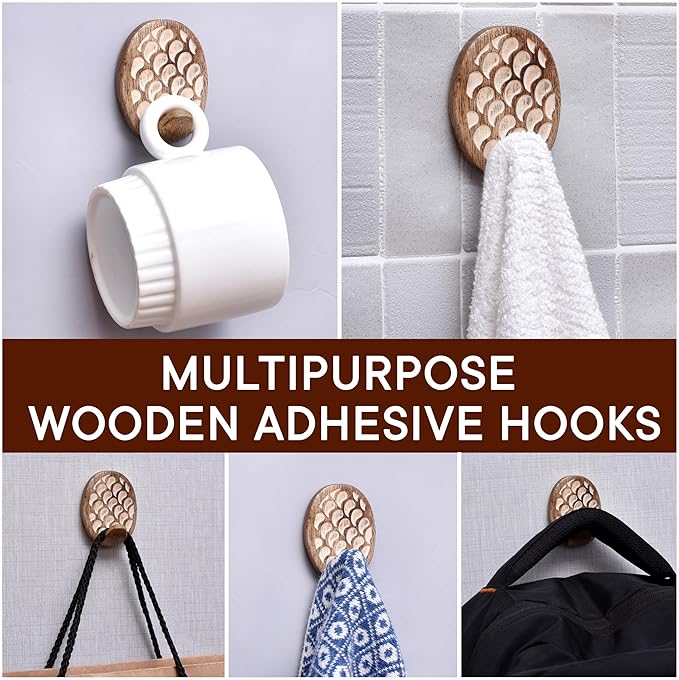 Indian Shelf 6 Lb- 3 Pieces Decorative Wood Adhesive Wall Hooks–Boho Peel and - Image 5