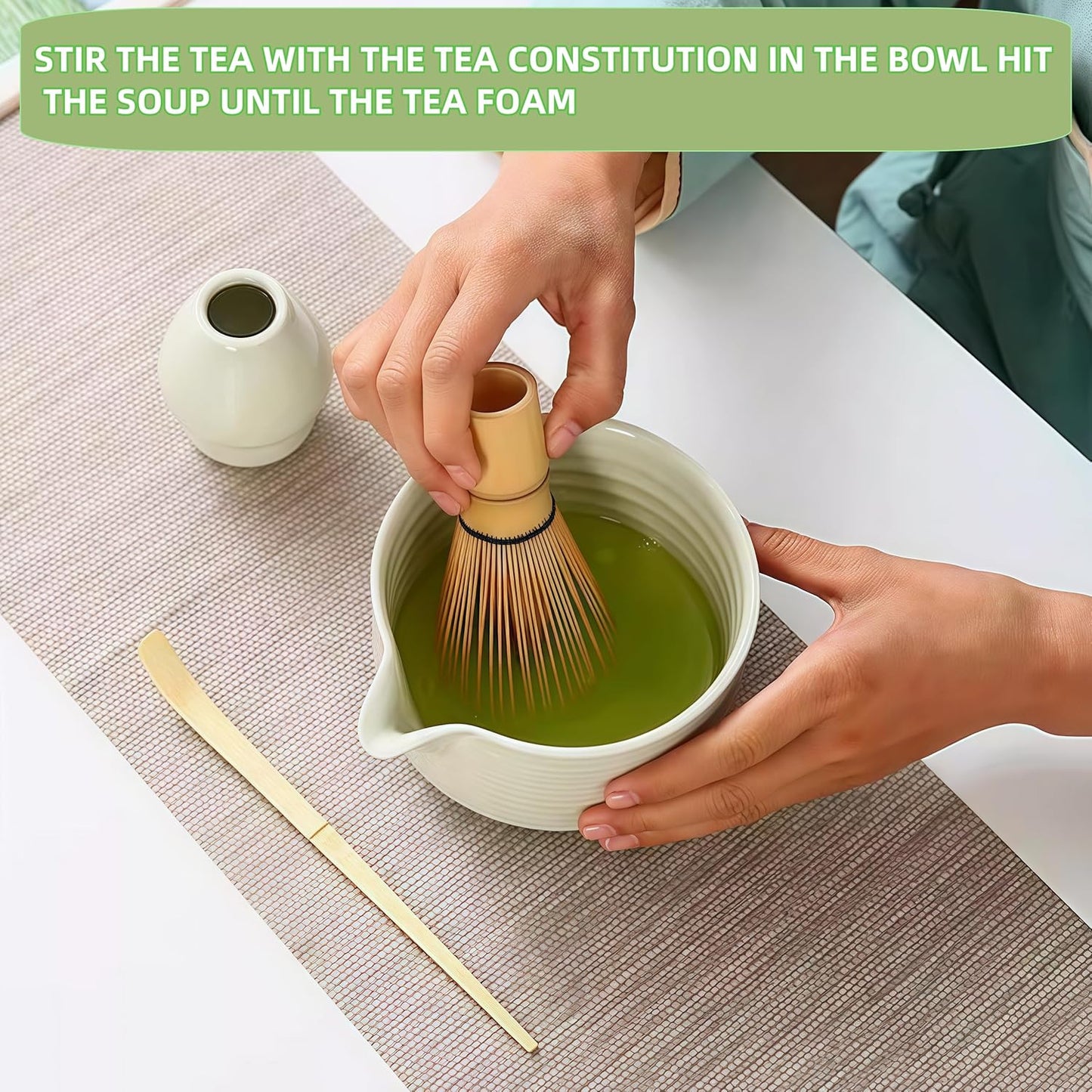 Matcha Whisk Set, Matcha Bowl with Spout, Matcha Whisk and Holder, Bamboo Scoop and Stainless Sifter - 5 Pcs Jade Green Matcha Kit for Matcha Lover