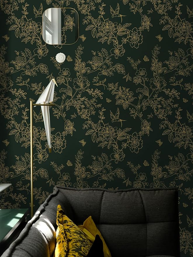 Froluya Dark Green and Gold Wallpaper Floral Peel and Stick Wallpaper - Image 3
