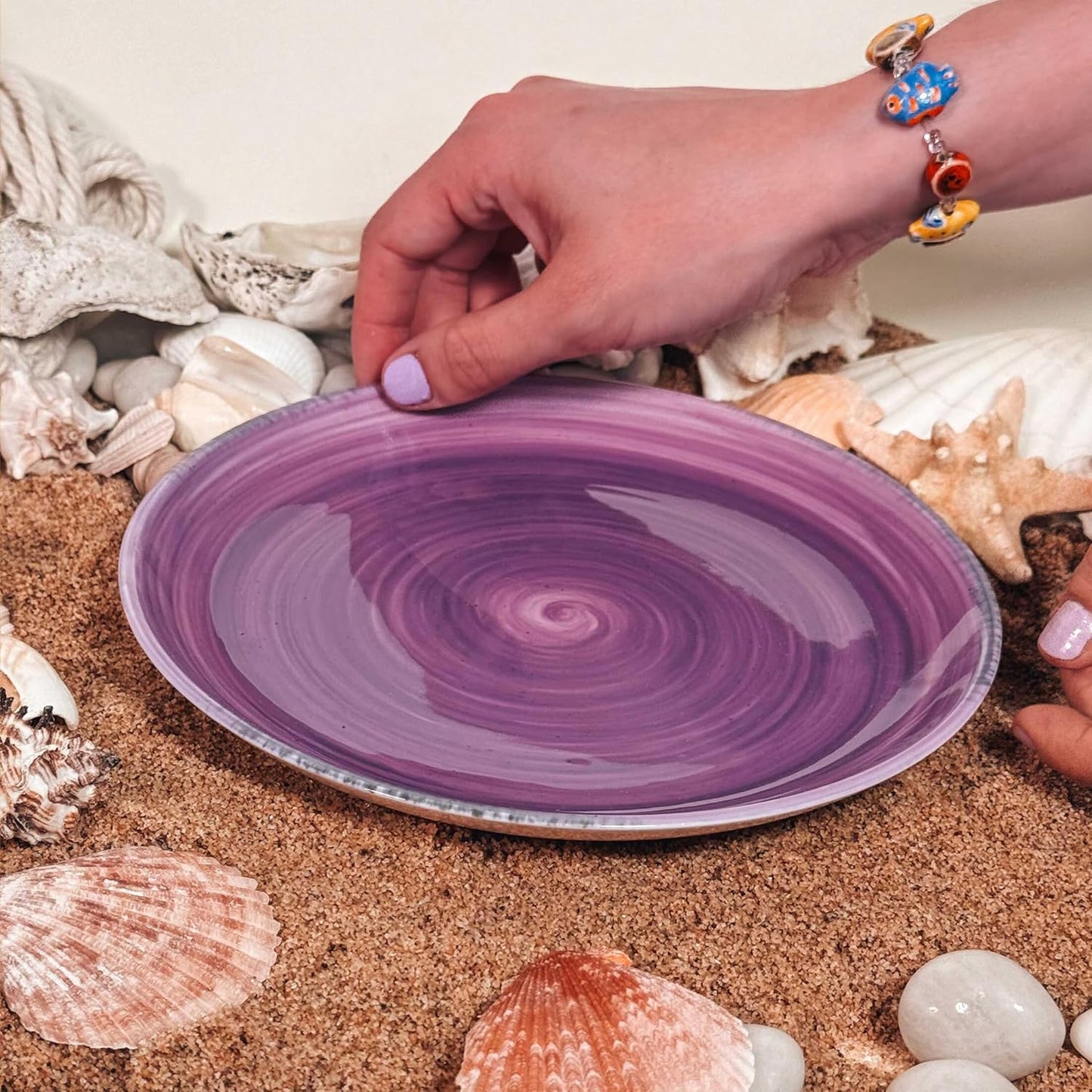 Mora Ceramic Helix Swirl Salad Plates Set of 6, 8in Spiral Porcelain Dish for Kitchen, Small Dinner, Lunch, Appetizer, Dessert, etc - Dishwasher, Microwave, Freezer, Oven Safe Dishware - Ocean Colors