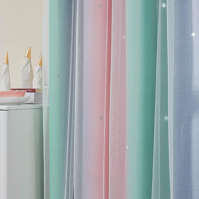 XiDi Curtains for Bedroom Decor, Rainbow Pinkgreen grey34/45 - Image 3