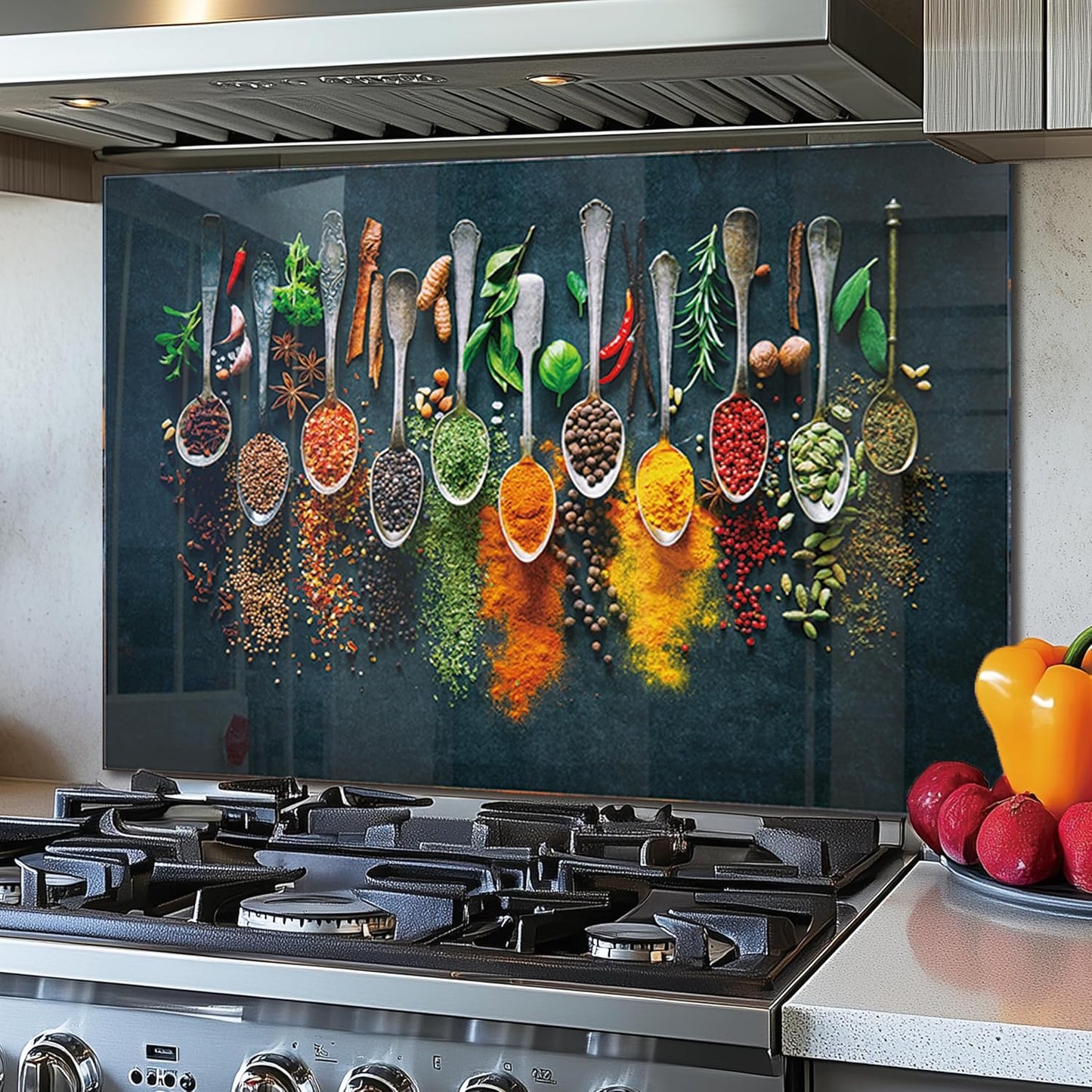 DAIFURONGE Spice Tempered Glass Backsplash For Kitchen Behind Stove,Stove Backsplash Top Cover,Easy to Clean Glass Splashback, Sink Cover Splash Guard,Home Kitchen Wall Decor (23.62"x15.75"(60x40cm))