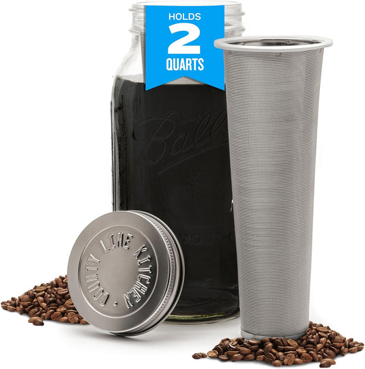 County Line Kitchen Glass Cold Brew Coffee Maker with Lid - Wide Mouth, 2 Quart (64 oz) - Heavy Duty, Leak Proof - Sun & Iced Tea Pitcher, Cold Brew Coffee, Breast Milk Storage, Water - Silver