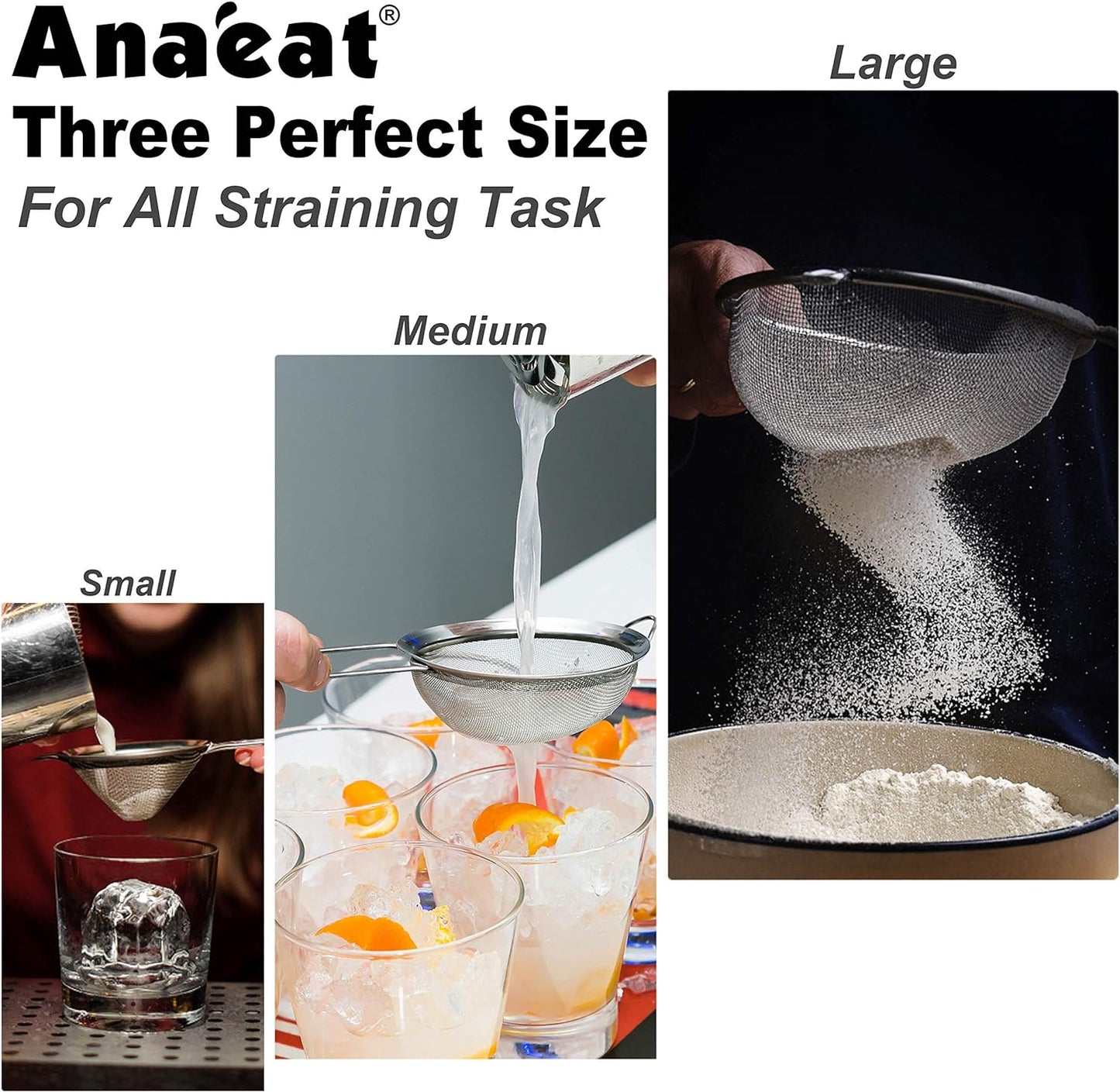 Anaeat Fine Mesh Strainers - Premium Stainless Steel Colander Sieve Sifters, with Durable Mesh and Sturdy Handle, Excellent for Sifting Dry ingredients, Flour, Pastas, Rice, Tea (7.87"）
