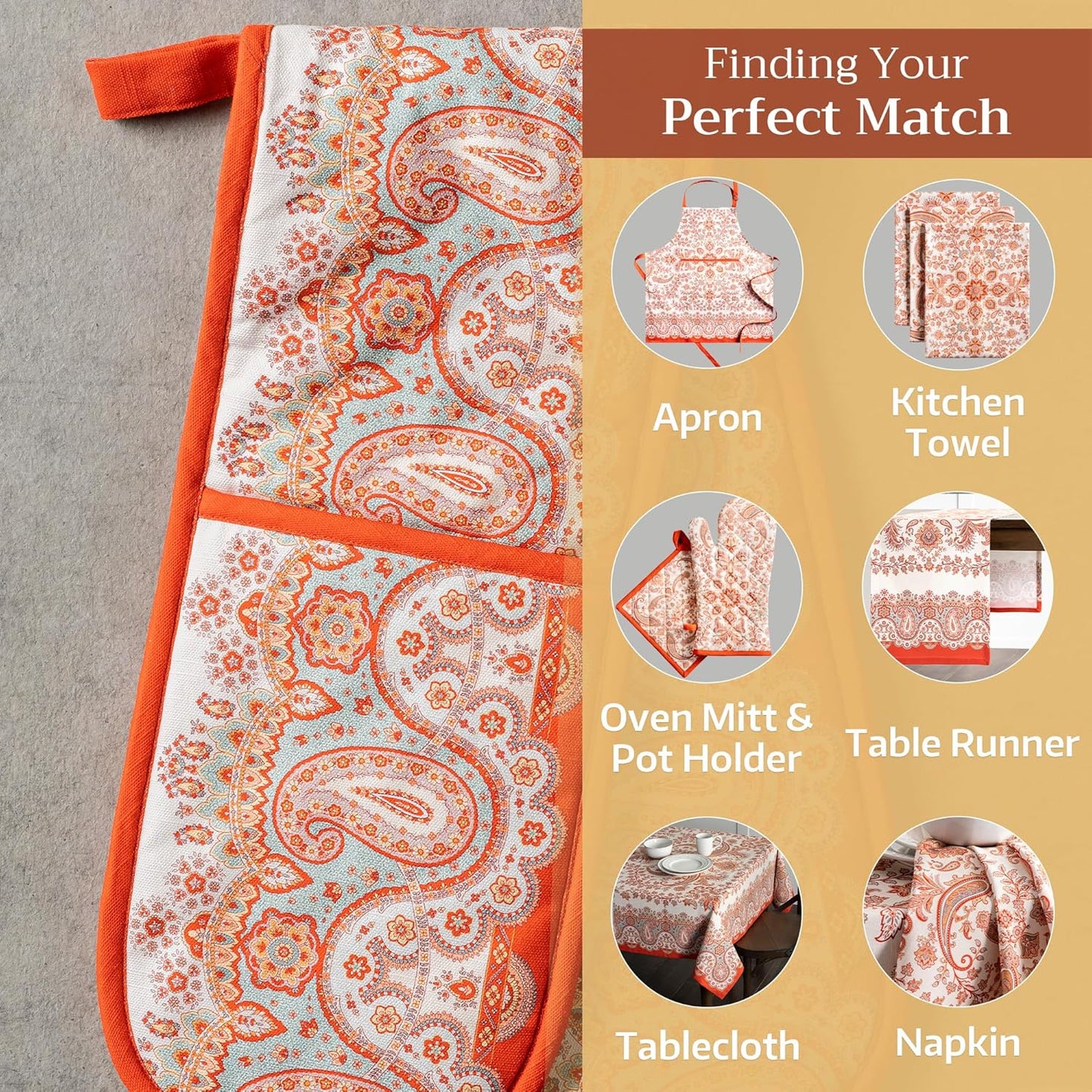 Maison d' Hermine Double Oven Mitts 100% Cotton 7"x35" Double Oven Mitt Heat Resistant BBQ Cooking Gloves with Loop, Baking, Grilling, Home, Kitchen, Handling Hot Pans (Cachemire)