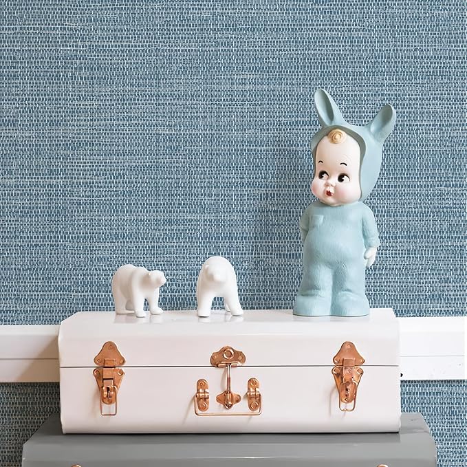 JiffDiff Grasscloth Wallpaper Peel and Stick 1181" x 17.3" Blue Cream - Image 8
