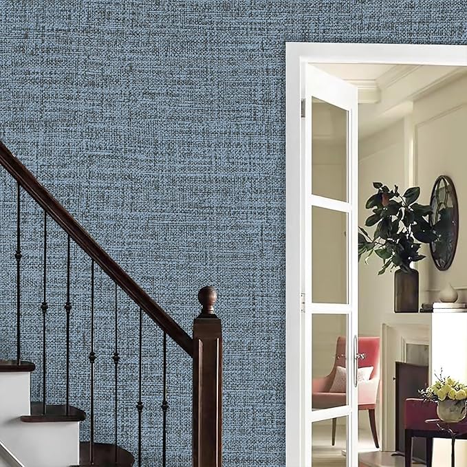 Blue Gray Grasscloth Peel and Stick Wallpaper 17.3"x160" Faux Linen Textured - Image 6