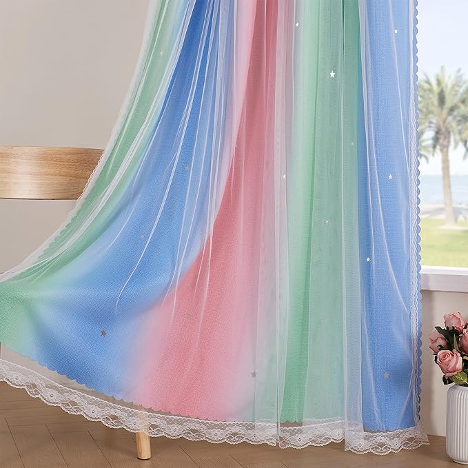 XiDi Curtains for Bedroom Decor, Rainbow Pink GreenBlue52/45/1 - Image 4