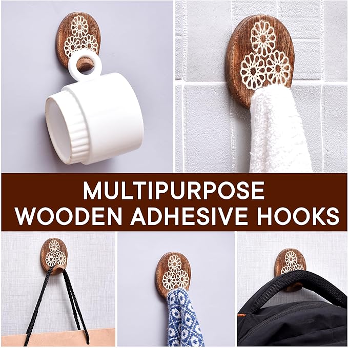 Indian Shelf 6 Lb- 6 Pieces Decorative Wood Adhesive Wall Hooks–Boho Peel and - Image 6