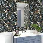Laatse Navy Floral Wallpaper Peel and Stick Boho Wallpaper Vintage Blue/Gold - Image 5