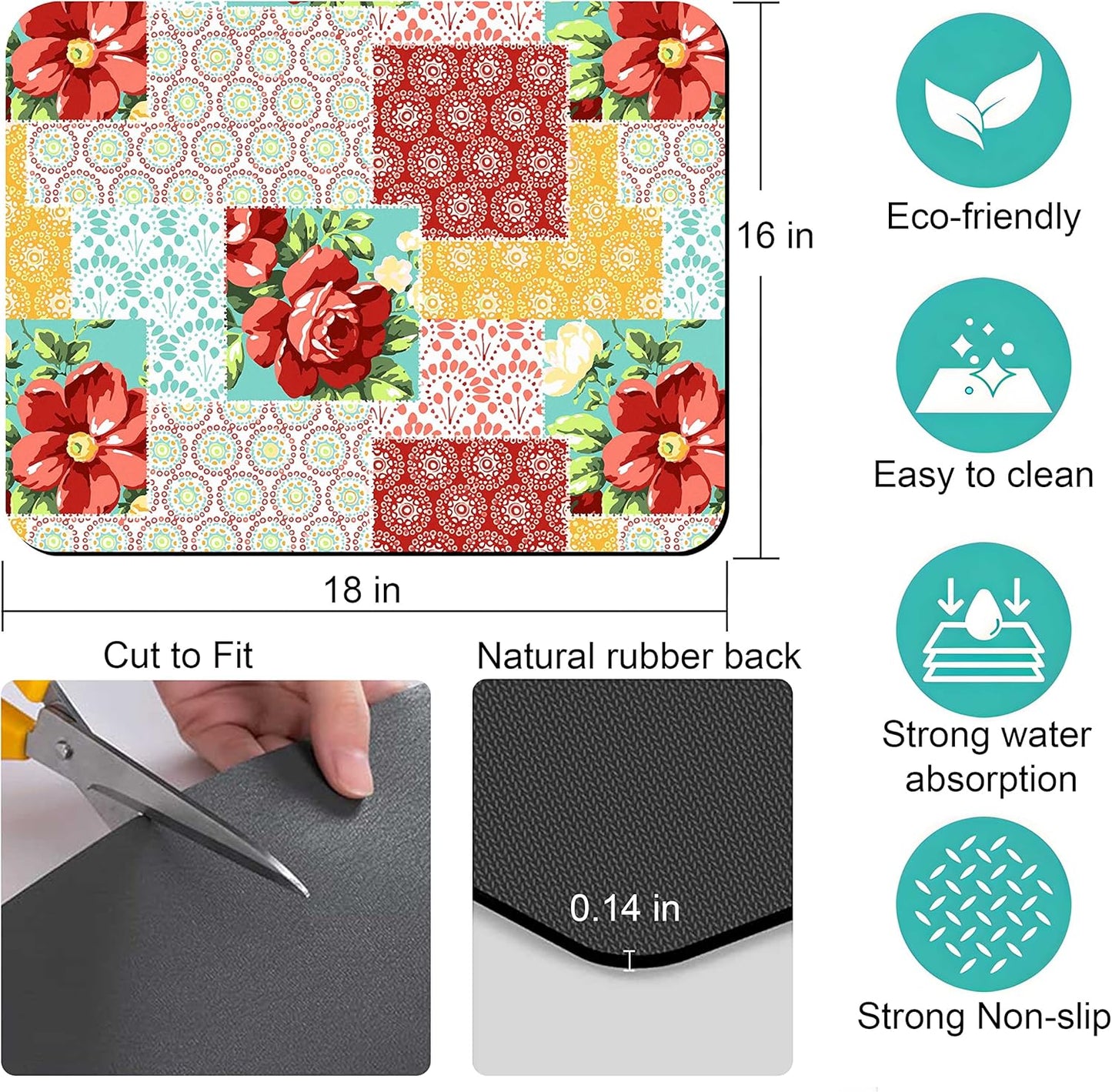 Rubber Dish Drying Mat for Kitchen Counter Large Boho Flowers Washable Quick Home Coffee Pad Fit Under Sink,Bar,Utensils 16x18in