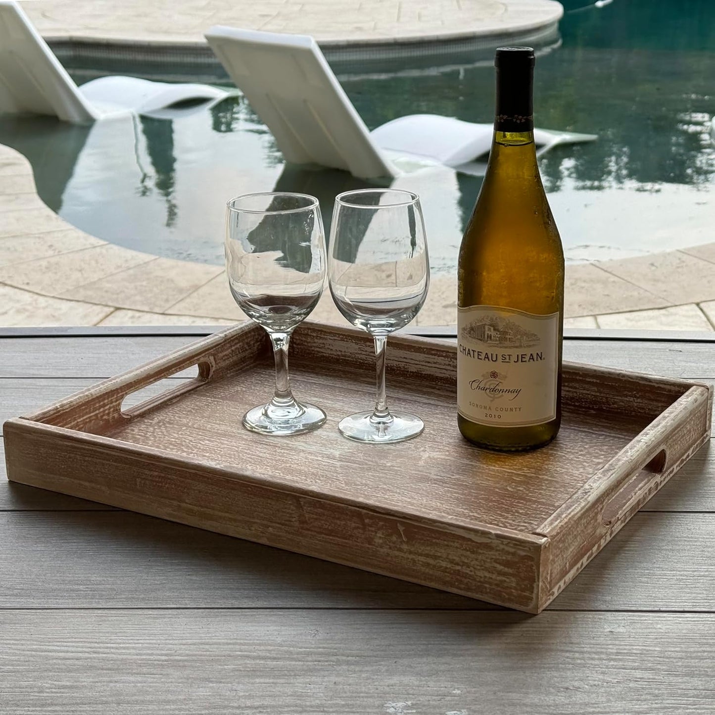 Allgala Wooden Tray - 17"x13"x2" Vintage Beige Rectangle Stylish Rustic Farmhouse Decor Serving Platter