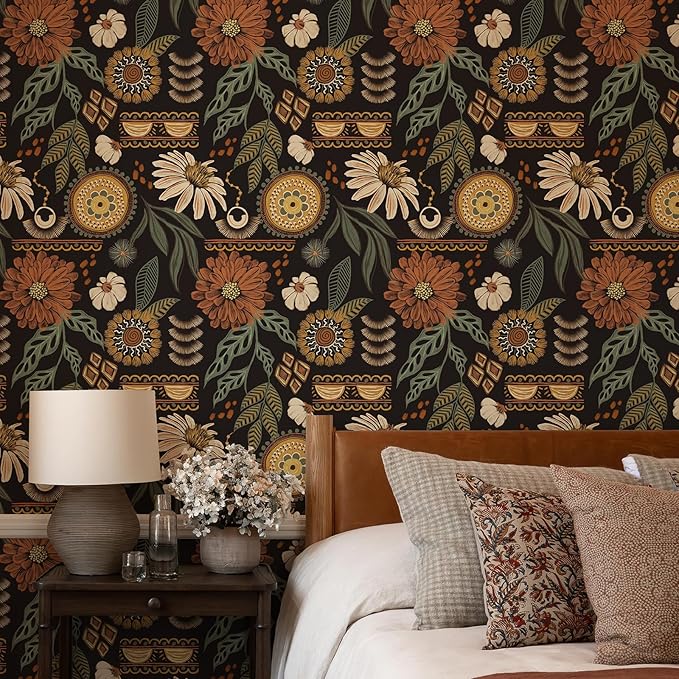 Simon&Siff Boho Peel and Stick Wallpaper, 17.3" x 80" Sun Floral Retro Contact - Image 2