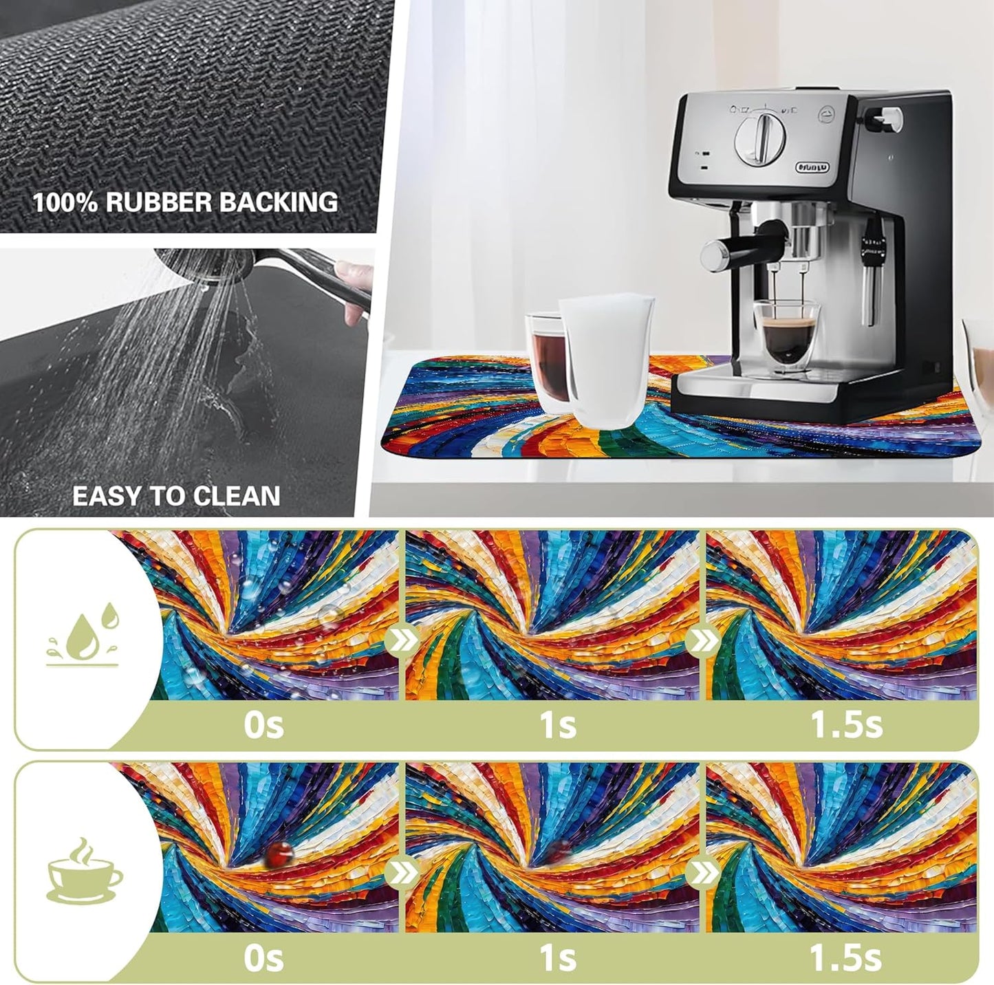 Kitchen Mat Swirl Colorful Textured Dish Drying Mat 12"x19" Bsorbent Coffee Maker Mat for Sink Dishes or Under Rack Kitchen Counter Accessories Absorbent Hide Stain Rubber Backed Dish Drying Pad