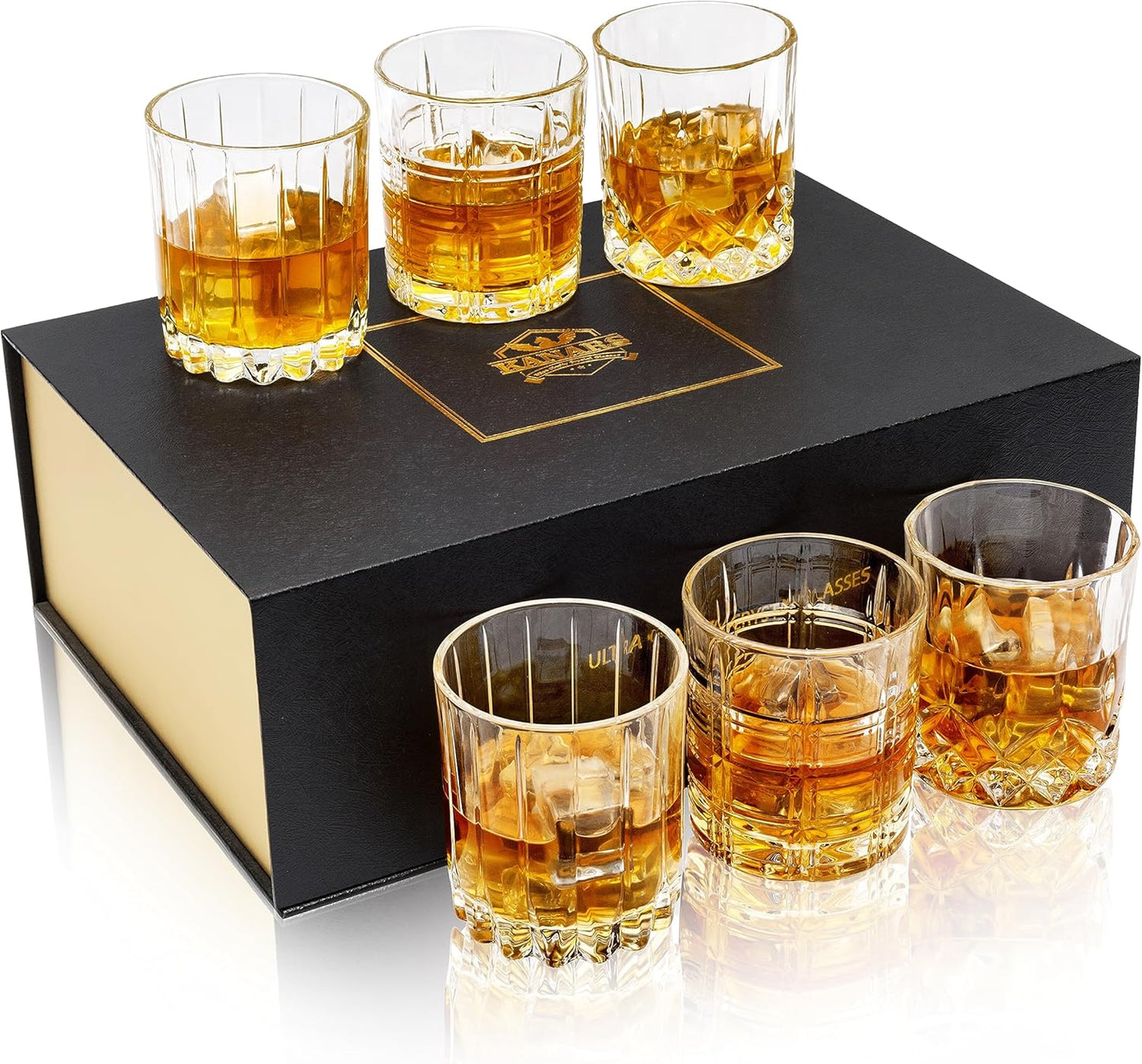 KANARS Whiskey Glasses Mixed, 10 Oz Scotch Glasses Set of 6, Rock Bar Tumblers 3 Patterns in Luxury Gift Box for Birthday, Anniversary, Housewarming and Wedding