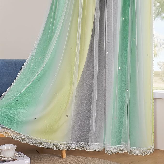 XiDi Curtains for Bedroom Decor, Rainbow GreenYellowGrey52/90/1 - Image 5