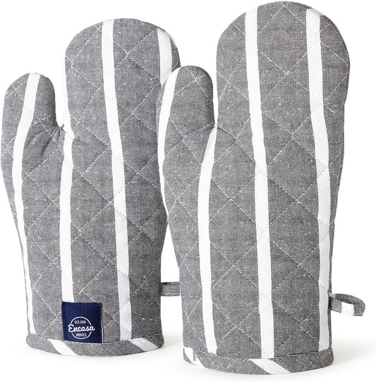 Encasa XO Long 12"x7" Oven Microwave Hand Gloves Mitts (2 pc Set) for Kitchen Cooking & Baking - Heat Resistant, Thick & Safe, Protection of Hands from Hot Utensils - Roma Grey Stripes