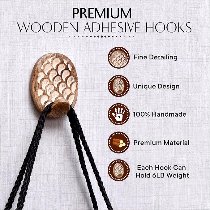 IndianShelf 6 Lb- 24 Pieces Decorative Wood Adhesive Wall Hooks–Boho Peel and - Image 6
