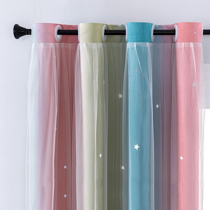 XiDi Curtains for Bedroom Decor, Rainbow Pink-Blue-34-90 - Image 2
