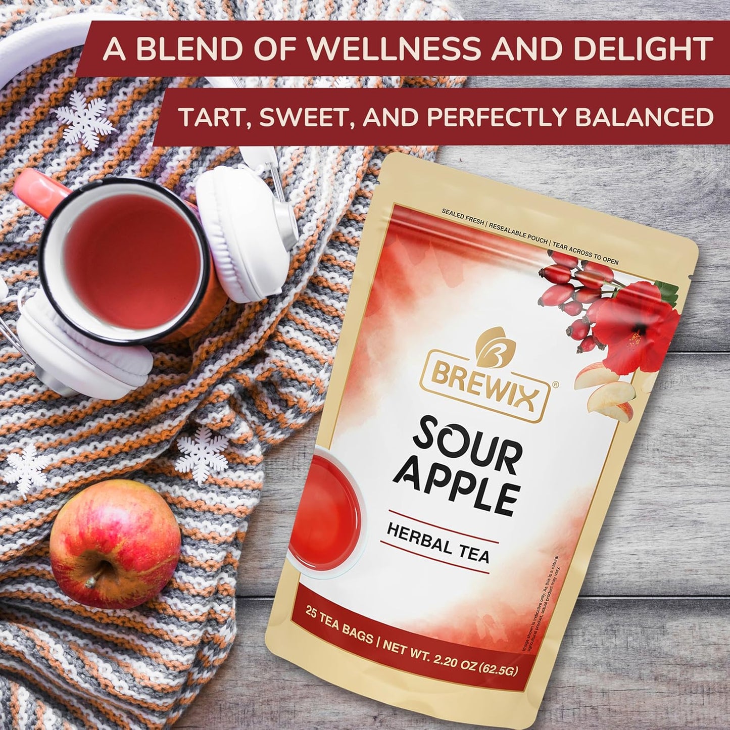 BREWIX, Sour Apple Hibiscus Tea Bags (25 Pyramid Tea Bags) Caffeine-Free Herbal Tea | Apple, Hibiscus, Rosehip | Refreshing Wellness Brew for Any Mood | Hot or Iced Refreshment