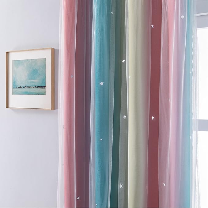 XiDi Curtains for Bedroom Decor, Rainbow Pink-Blue-52-90 - Image 3
