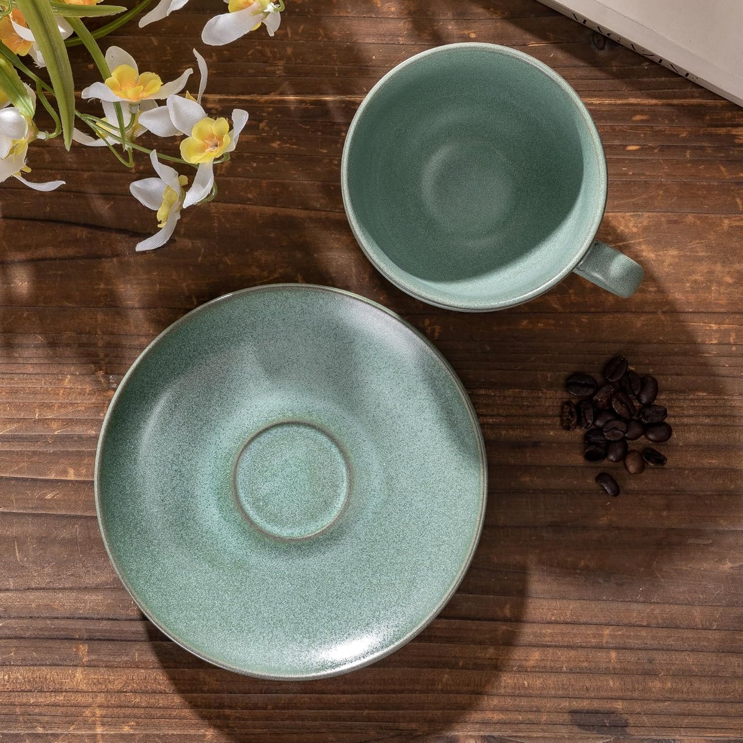 Cup and Saucer Set Turquoise Ceramic Cappuccino Mug Set of 1-10 oz Microwave and Dishwasher Safe, Perfect For Tea, Espresso, Latte - Porcelain Mugs for Kitchen or Cafe