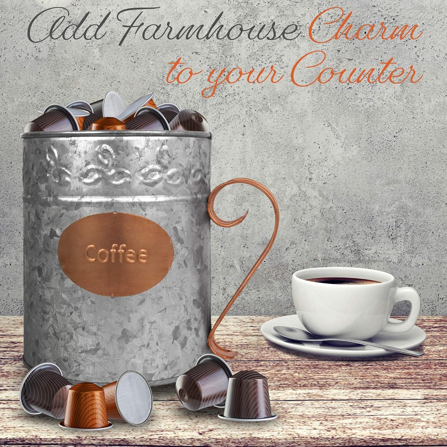 Autumn Alley Farmhouse Coffee Pod Holder Organizer – Galvanized Dual Toned Rustic Farmhouse Décor Basket for Counter – Vintage Copper Label & Handle – Industrial Chic Country Décor Accessories