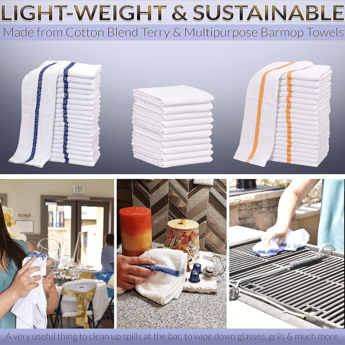 GOLD TEXTILES 12 PC New Cotton Blend White Restaurant Bar Mops Kitchen Towels 28oz (1 Dozen) (12, Blue Stripe)