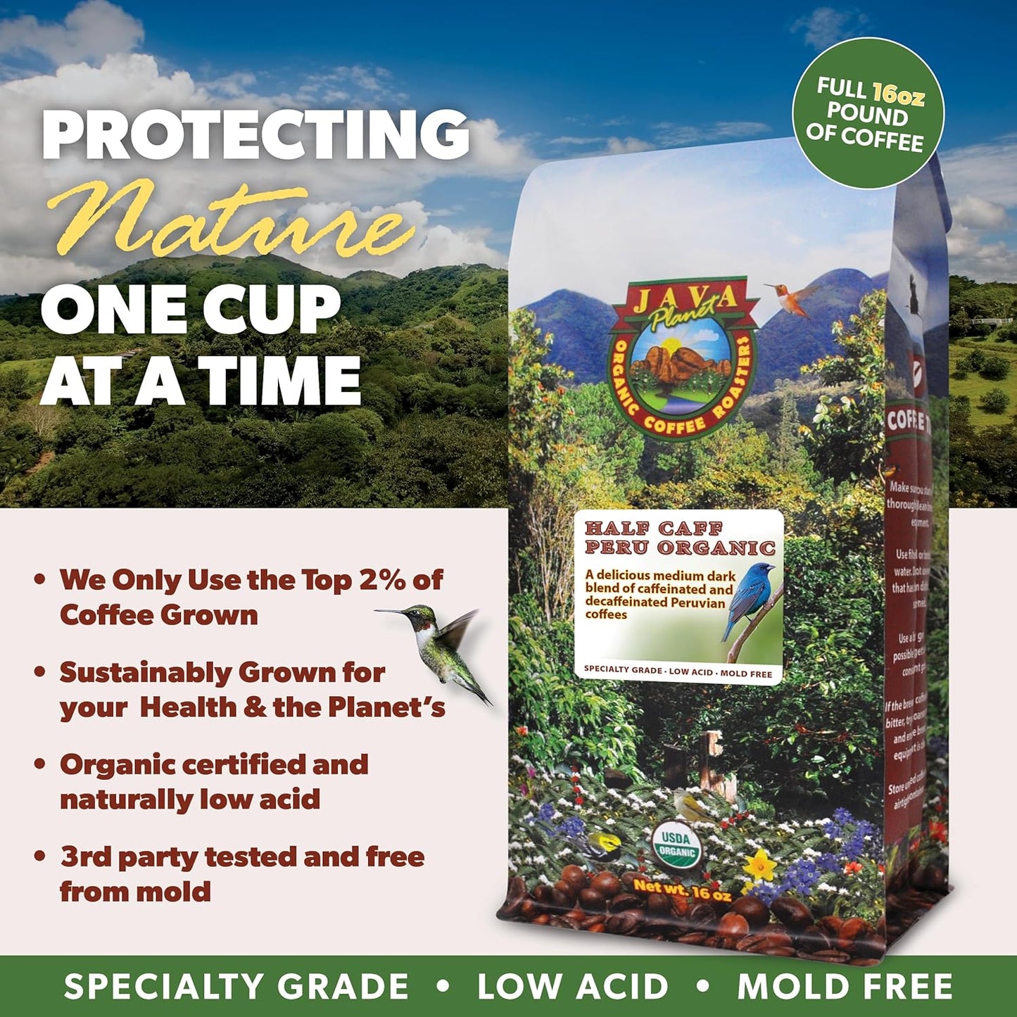 Low Acid Organic Coffee – Whole Bean, Mold-Free & Stomach Friendly by Java Planet, Peruvian Single Origin Half Caff Coffee, Medium Dark Roast, Arabica Gourmet Coffee Grade A, 1LB Bag