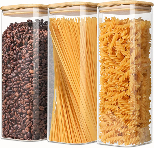 2.2 Qt Square Glass Storage Containers with Lids, Clear Food Storage Container Jar with Sealing Bamboo Lid Storage Containers for Pasta, Oats, Coffee, Flour, Sugar, Square Set-3Pack