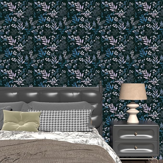 Laatse Vintage Blue Wallpaper Peel and Stick Dark Pink Floral Wallpaper 17.5'' - Image 5