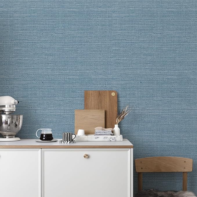 JiffDiff Grasscloth Wallpaper Peel and Stick 1181" x 17.3" Blue Cream - Image 3