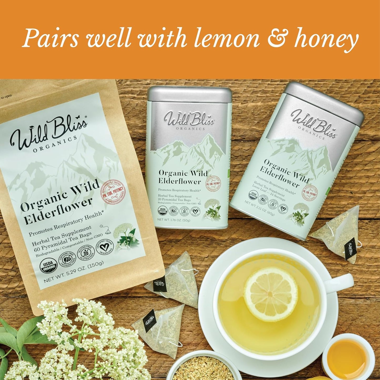 Wild Bliss Organic Elderflower Tea – Immune and Respiratory Support - Caffeine Free Loose Leaf Elder Flowers - 5.29 Ounces - 60 Servings