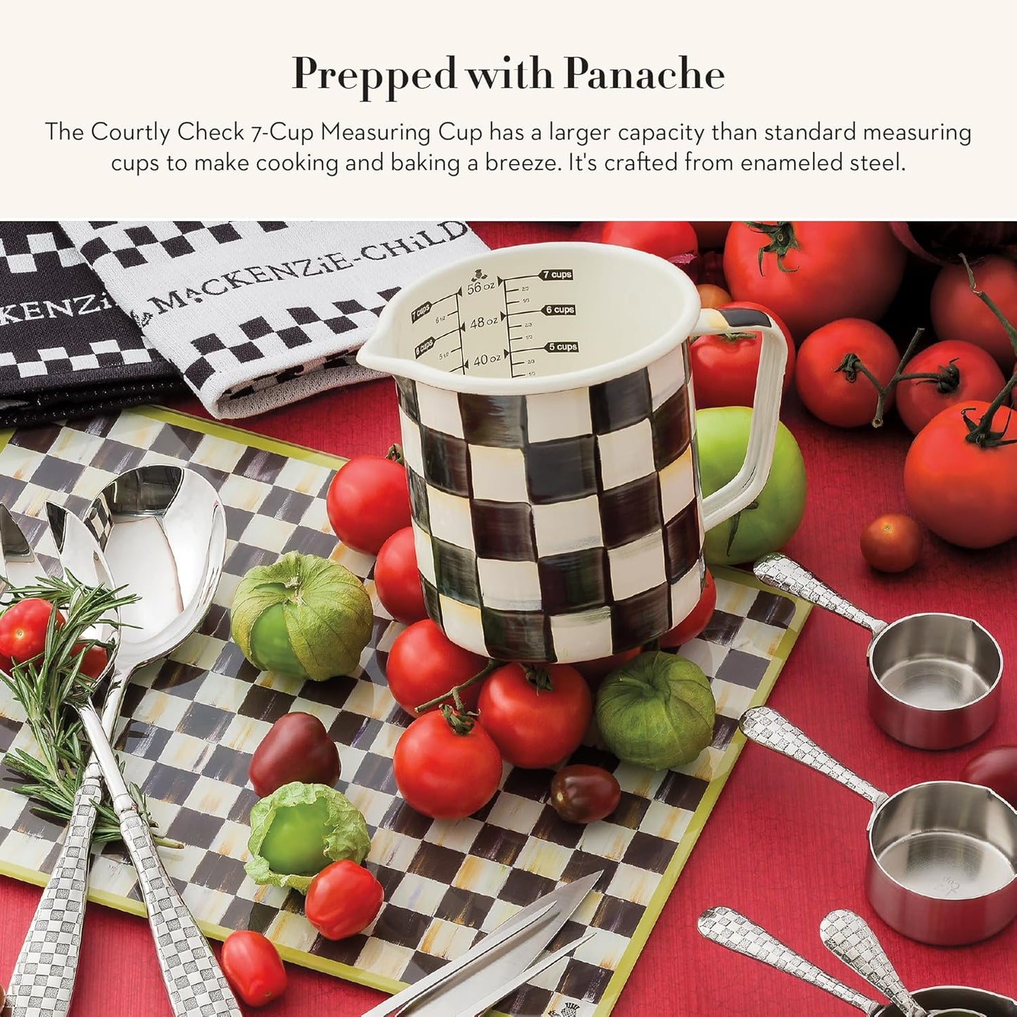 MACKENZIE-CHILDS Enamel 7-Cup Measuring Cup, Decorative Measuring Cup with Spout, Black-and-White Courtly Check