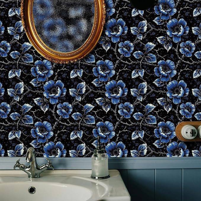 FLFK Vintage Floral Wallpaper Peel and Stick Dark Blue Flower Wallpaper 16" x - Image 4
