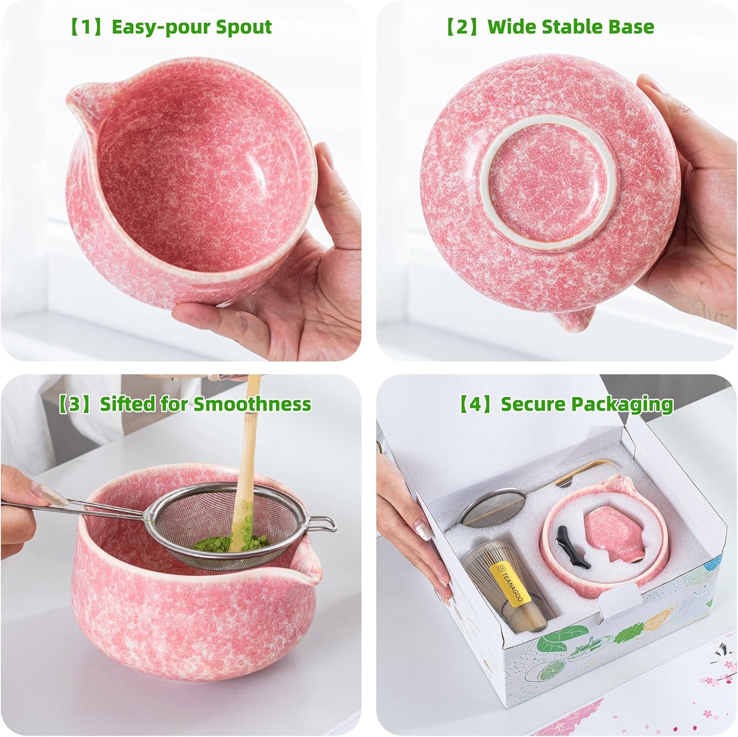 TEANAGOO Matcha Whisk Set,7 Pcs Matcha Set Pink for Making Latte,Ceramic Bowl(chawan) whith Spout and Whisk,Gift for Friend/Family