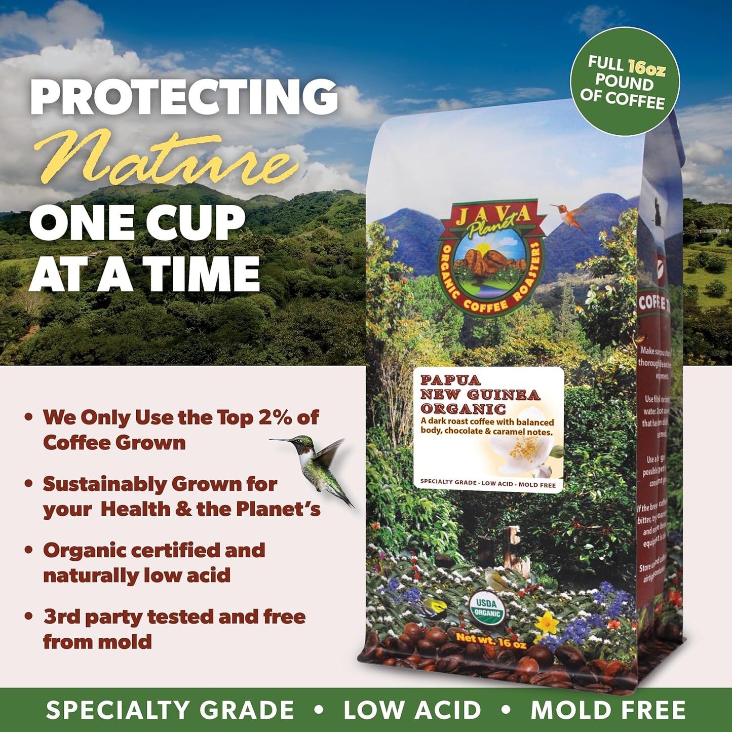 Low Acid Organic Coffee – Whole Bean, Mold-Free & Stomach Friendly by Java Planet, Papua New Guinea Single Origin Coffee, Dark Roast, Smooth Full Flavored, 1LB Bag