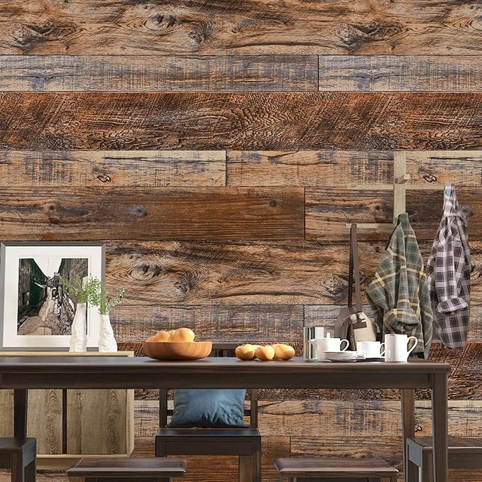 WENMER 23.6" x 394" Brown Wood Peel and Stick Wallpaper Shiplap Self Adhesive - Image 4