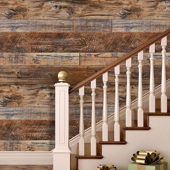 WENMER 17.71" x 118" Brown Wood Wallpaper Peel and Stick Shiplap Self Adhesive - Image 3