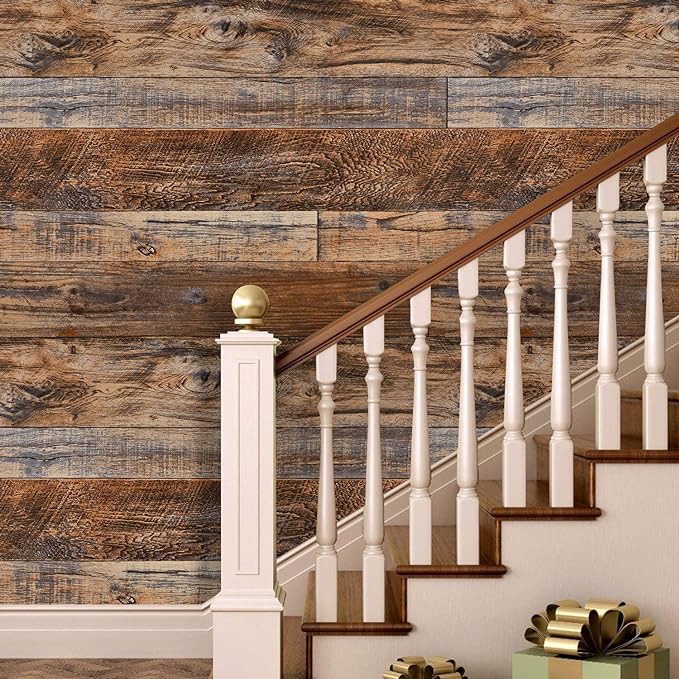 WENMER 17.71" x 1181" Brown Wood Wallpaper Peel and Stick Wallpaper Shiplap - Image 3