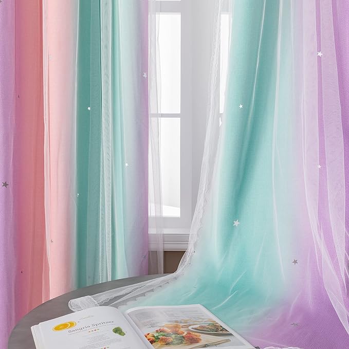 XiDi Curtains for Bedroom Decor, Rainbow Pink Purple Green 34/79/1 - Image 5