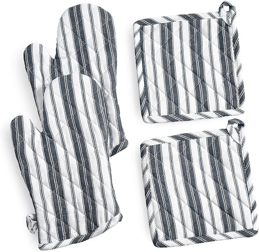 Oven Mitts & Potholder Set - Durable Heat Resistant Gloves - Thick Mittens for Kitchen - Suitable for Cooking, Baking, Grilling - BBQ- 2 Oven Mitts & 2 Potholders - Black Stripes - Casa De Lan
