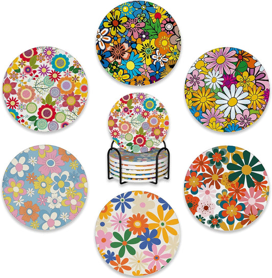 6 Pcs Coasters for Drinks with Holder,Retro Colorful Daisy Flowers 70s Hippie Floral Absorbent Coaster with Cork Backing,Great Gift for Housewarming,Room Decor,Bar,Holiday Party
