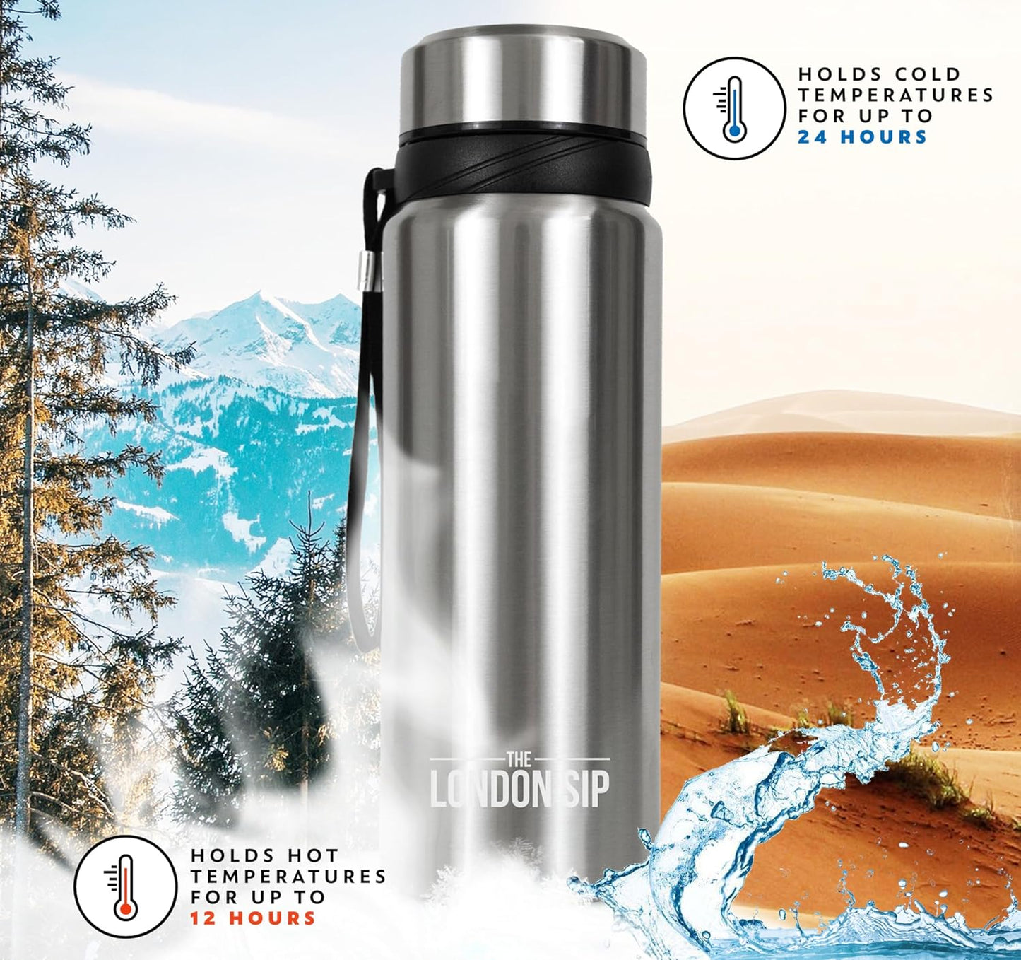 London Sip 25 oz Multi-Function Travel Mug and Tumbler Tea Infuser Water Bottle Fruit Infuser Flask Hot and Cold Double Wall Stainless Steel Coffee Thermos, Cosmic Silver