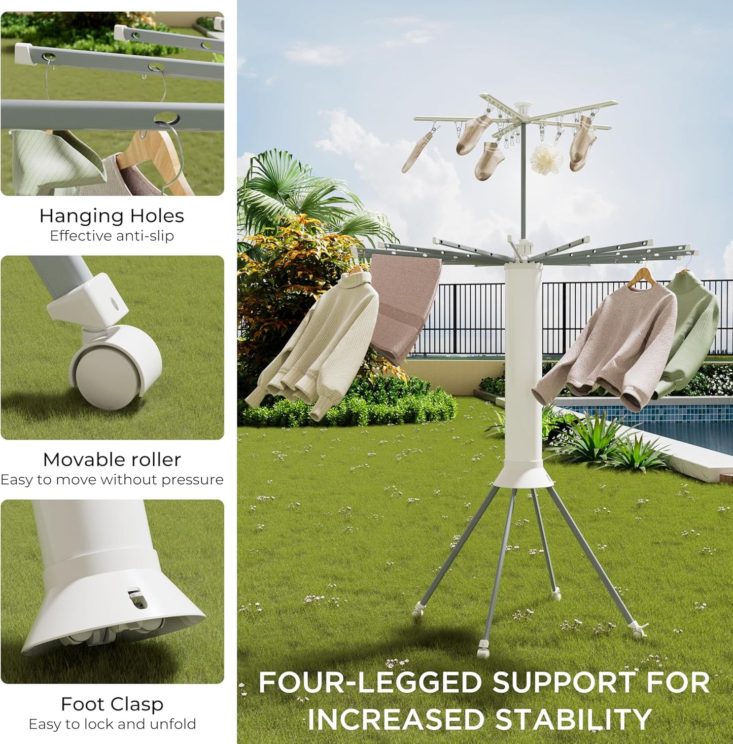 4-Legged Clothes Drying Rack, Portable Dryer Rack with 20 Clips, Outdoor Laundry Drying Rack with 4 Pulleys, Collapsible Drying Rack Clothing, Aluminum Hanging Dryer Rack for Clothes, Socks