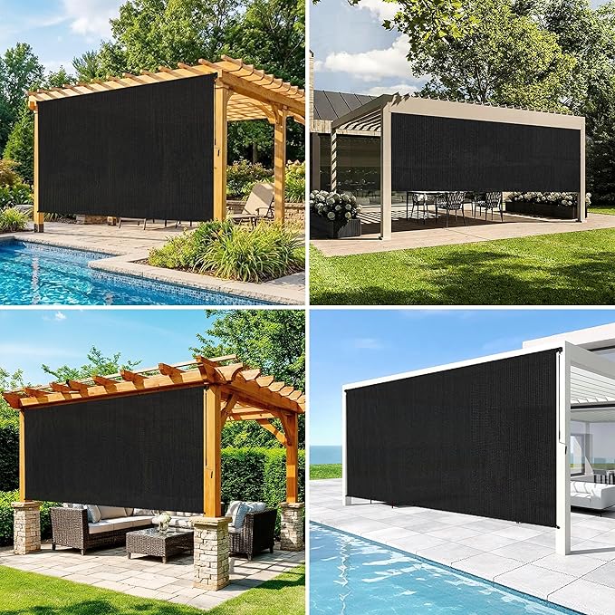 6'W x 6'H Black Patio Shades Roll up Outdoor Roller Shade Crank Wand Blind - Image 5