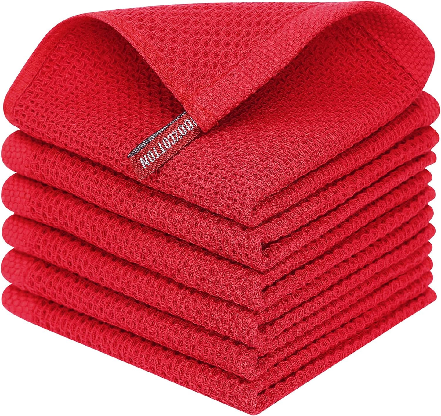 Homaxy 100% Cotton Waffle Weave Kitchen Dish Cloths, Ultra Soft Absorbent Quick Drying Dish Towels, 12 x 12 Inches, 6-Pack, Red