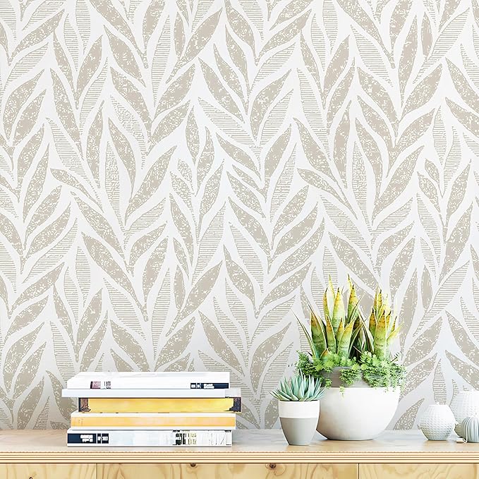 Safiyya 393"x17.3" Boho Peel and Stick Wallpaper Beige and White Wallpaper Leaf by SAFIYYA