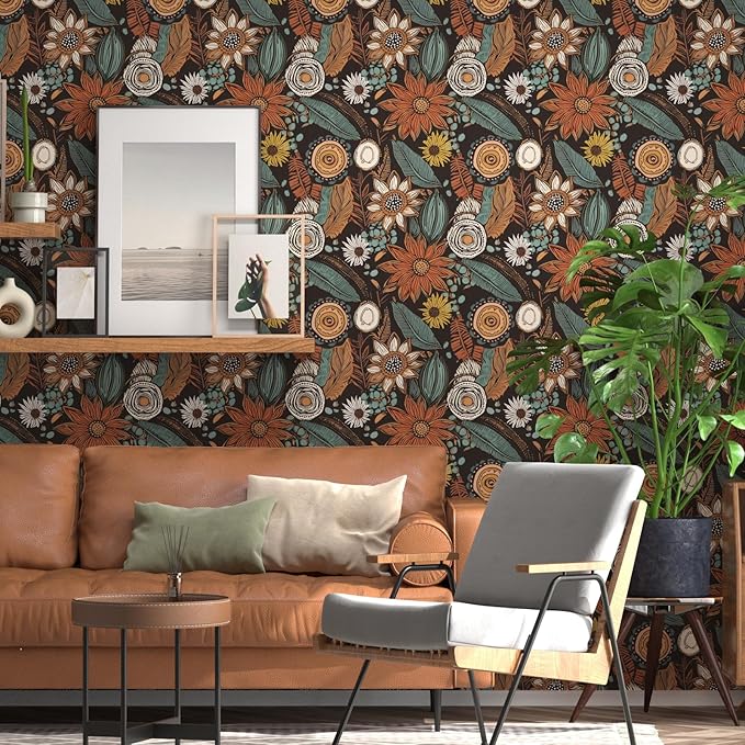 Laatse Rustic Boho Wallpaper Peel and Stick, Vintage Dark Brown Floral Contact - Image 6